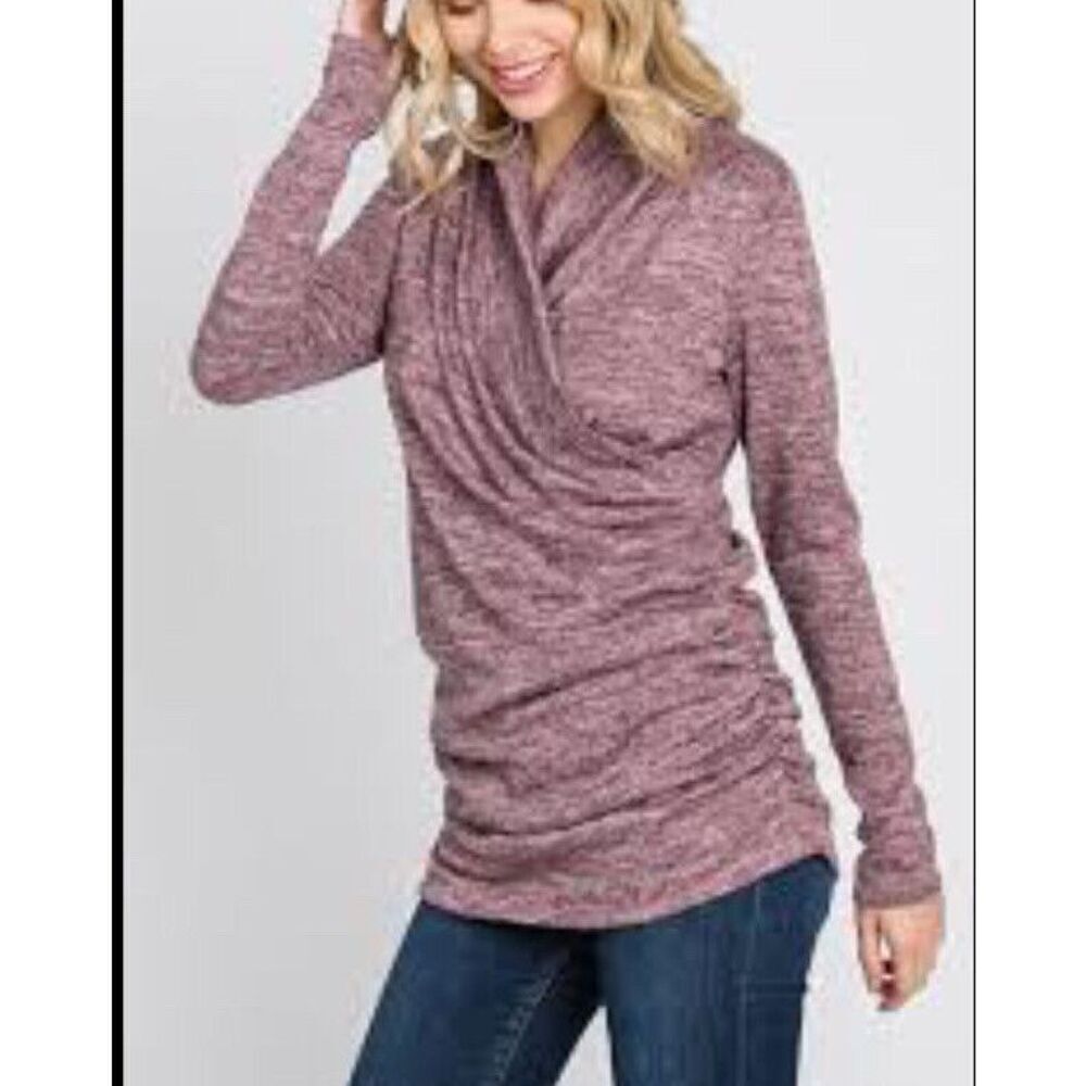 NWT Hello Miz Women’s Large Heathered Pink Faux Wrap Top Long Sleeve‎ Stretchy
